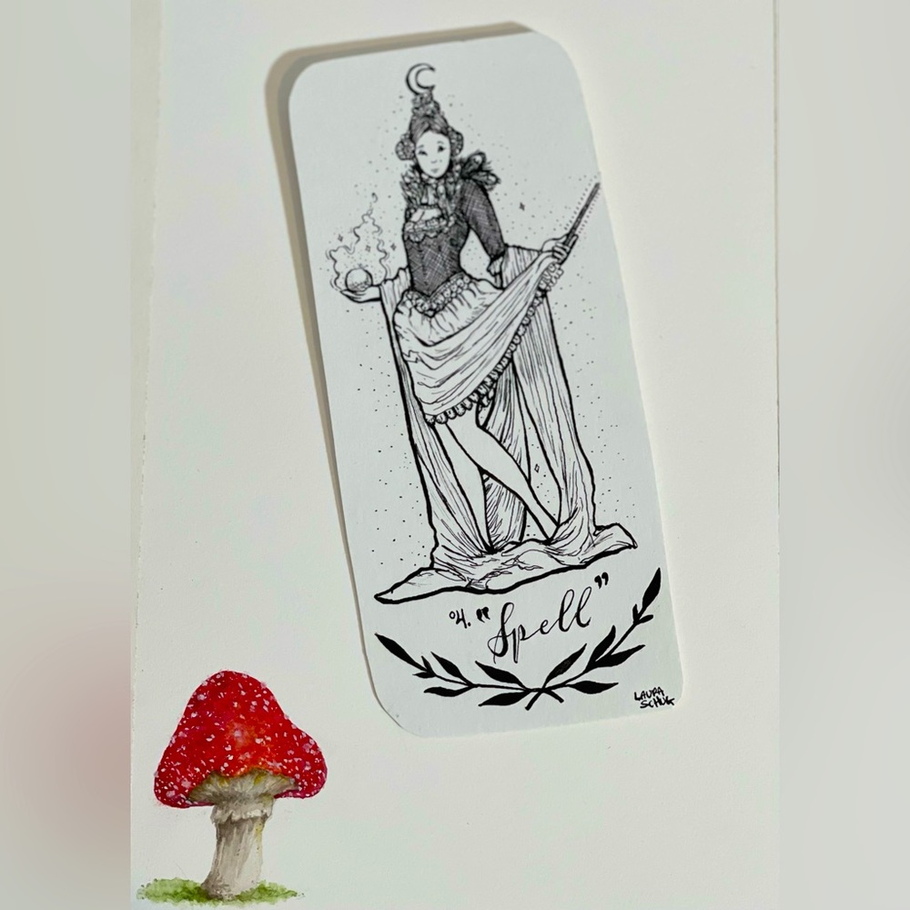 Original Ink Mini "Spell" bookmark odd size witch sorceress magic dark wand ooak